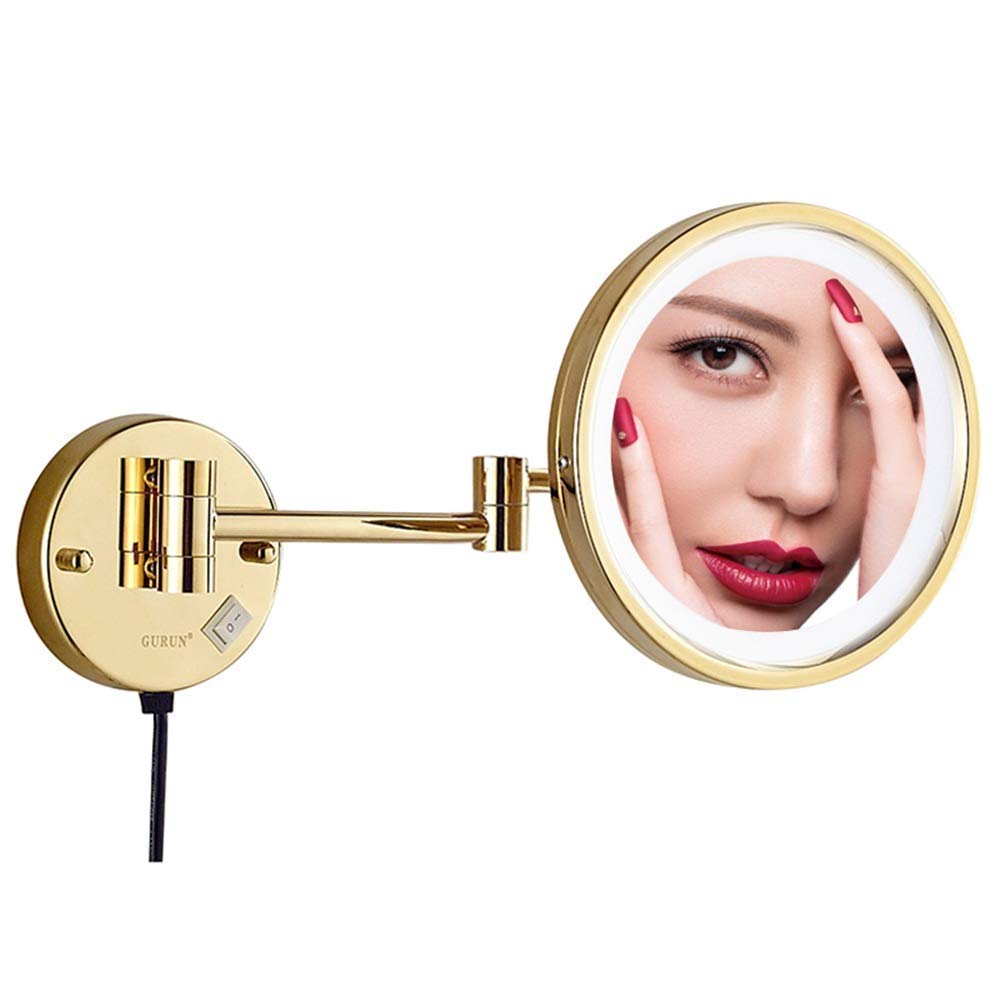SHAUNI Espejos de Maquillaje for baño, tocador Dorado montado en la Pared, Afeitado con Lupa iluminada de latón de un Solo Lado, Plegable con Enchufe de Interruptor (Color : 5X)
