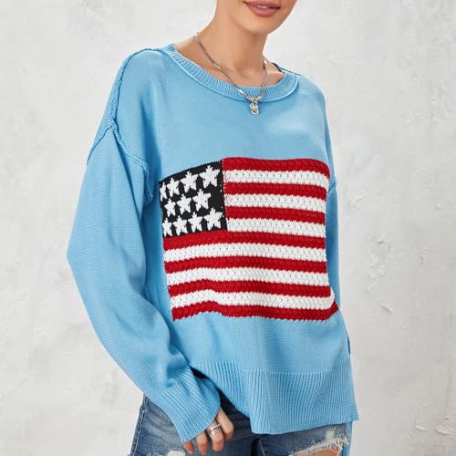 Image of Women American Flag Sweater Loose Vintage USA Sweatshirt Long Sleeve Crewneck Hollow Out 4th of July Jumper