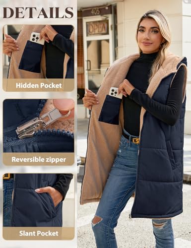 Womens Fall Reversible Vests Sleeveless Fleece Hoodie Jacket Zip Up Winter Warm Hooded Long Coat Outerwear with Pockets3