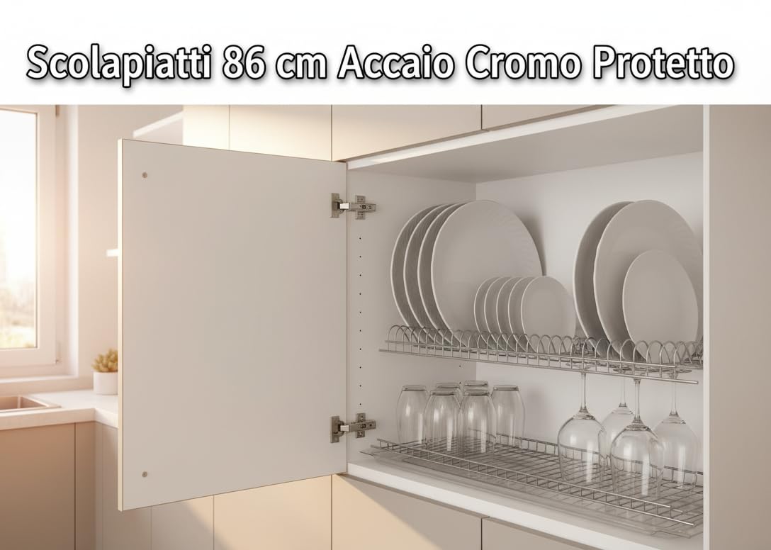 Scolapiatti 86,5 cm in acciaio cromo protetto – Vaschetta raccogli gocce + griglia bicchieri – Kit incasso pensile 90 cm VI.TEL.