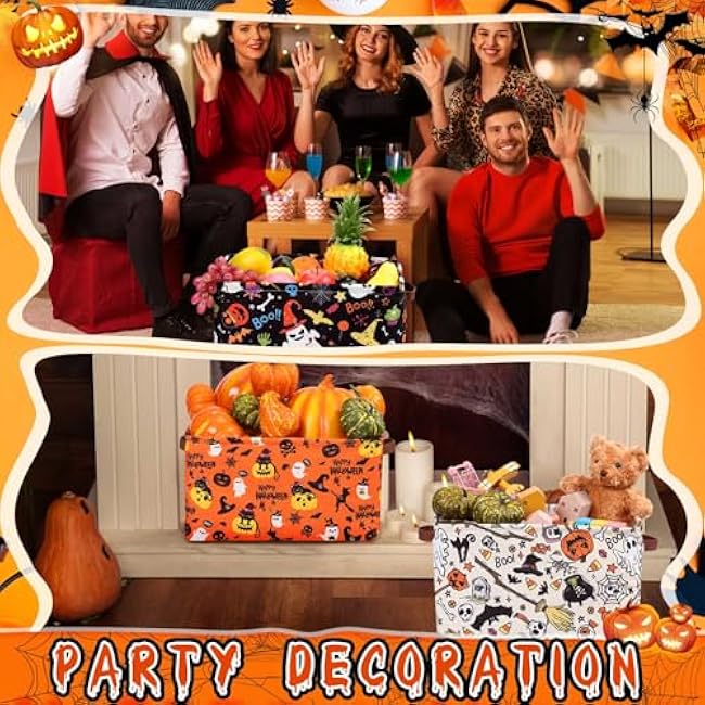 Boao 3 Pack Halloween Ghost Basket with Handles Collapsible Large Canvas Storage Baskets Boo Spooky Skull Pumpkin Cat Foldable Storage Box Organizer Bins for Trick or Treat Gifts Bedroom Home Office
