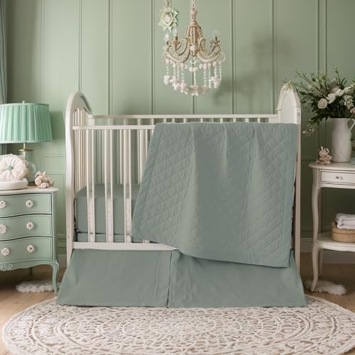Image of Brandream Gender Neutral Boho Bohemian Baby Girl Boy Nursery 3 Pieces Crib Bedding Set Solid Green Farmhouse Chic Unisex Cozy 100% Washed Cotton Like Linen Supersoft