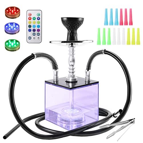Hookah Set 2 Hoses, Led Hookah Shisha with 15 Hookah Tips Disposable, Acrylic Hookah with Remote Led, Portable Hookah Set with Everything, Silicone Hookah Hoses, Hookah Bowl, Big Hookah Kit Gift