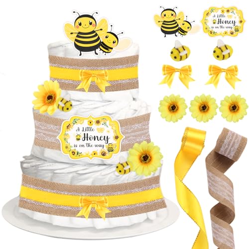 CORNER LACE Baby Shower Bee Diaper Cake Decorations, Birthday Party Diaper Supplies Yellow, Include Ribbon, Bow Tie, Cake Cards, Artificial Daisy(Diapers Not Included)