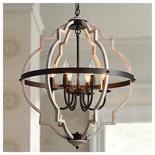 Bestier Orb 6-Light Chandelier Rustic Vintage Globe Farmhouse Chandelier in Black Metal White Distressed Wood Color Painted Finish Foyer Chandelier Dining Light Living Room Lighting Kitchen Island