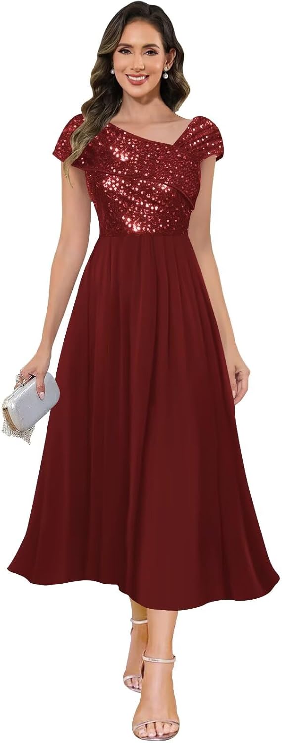 Tea Length Petite Mother of The Bride Dresses for Wedding Sequin Chiffon A Line Formal Evening Gowns