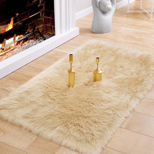 Ciicool Beige Fur Fluffy Rug, 2x4 ft Small Faux Fur Rugs for Bedroom