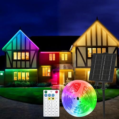 Aitesuo Solaire Ruban LED Exterieur, 5m Bande LED Exterieure Autocollante avec Télécommande, Dimmable, 19 Mode, 320 LED, IP65 Étanche, Lumineuse pour...