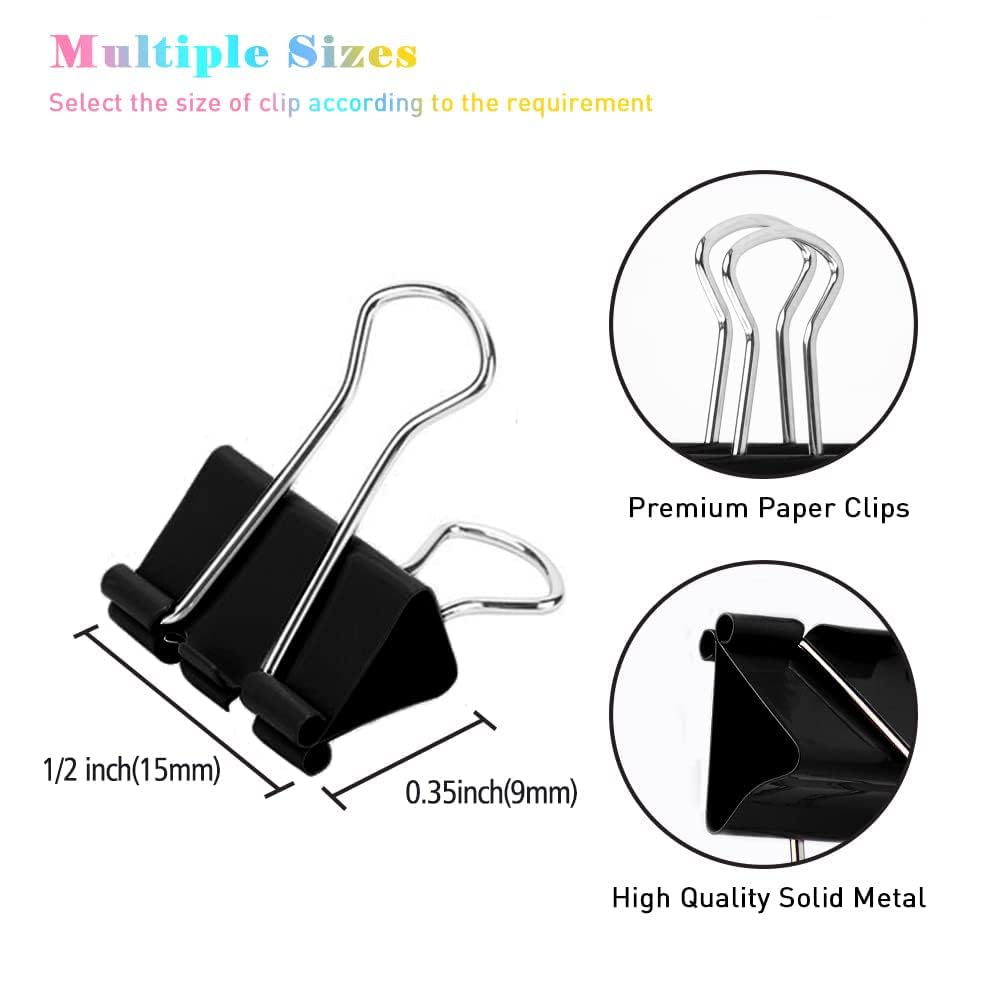Mini Binder Clips, 144 Stück, 5/8 Zoll, Standard 15 mm, schwarz, Mini Binder Büroklammern, Faltklemme, Binder Clips Mini Größe, Mini Bürobedarf, Micro Binder Clips
