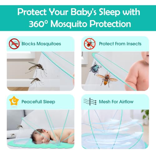 Image of RAMVIK Baby Mosquito Net, Mosquito Net for Baby 0-12 Months, Foldable Portable Mosquito Net for Baby with Breathable Mesh, 360 Protection, Bottomless Design,135 x 65 x 65 cm (Ocean Green)