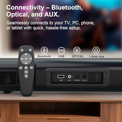 Sound Bar for Smart TV –50W, TV Sound Bar, Optical/AUX Connectivity/USB/Bluetooth, Remote Control, Wall-Mountable Home Theater Audio, with TV, Gaming, Gaming, and Mobile Phone