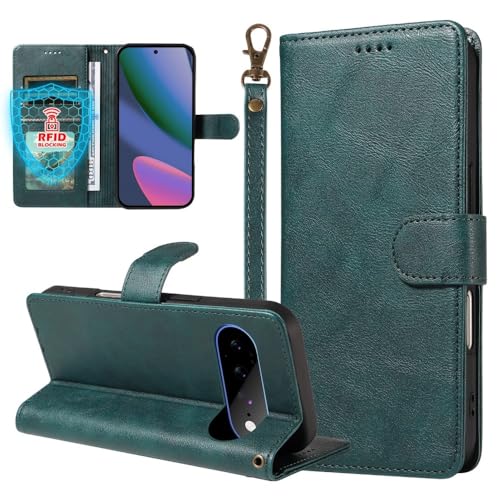 Étui Google Pixel 9 Pro XL 5G en cuir souple vert foncé avec portefeuille à rabat