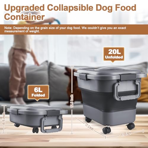 Dog Food Storage Container, 10-20 lbs Airtight Collapsible Cat Food Storage Container with Attachable Wheels, Portable Handle, Dog Food Scoop for Dog Cat Bird Pet Dry Food Storage Bin Dark Grey - Image 3