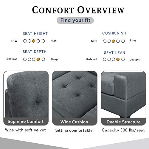AUKUYEE 3 Piece Microfiber Sectional Sofa and Storage Ottoman L-Shape Couch Living Room Set, Reversible Chaise Lounge and Cup Holders, Gray - Thumbnail 2