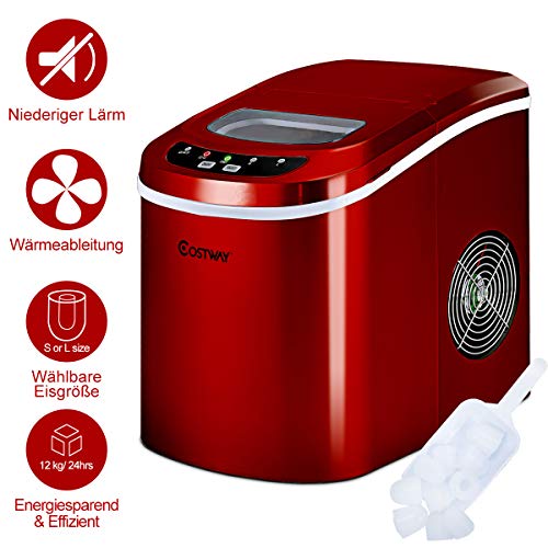 COSTWAY Eiswürfelmaschine 12KG/24H, Ice Maker 9 Eiswürfel in 6-13min, Eismaschine 2,2L Wassertank, Eiswürfelbereiter 2 Eiswürfelgrößen inkl. Schaufel, 25x36x33cm (Rot) – Bild 4