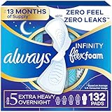 Always Infinity Feminine Pads for Women, Size 5, Extra Heavy Overnight Absorbency, with Wings, Unscented, 24 Count - Pack of 6 (144 Total Count) (Packaging May Vary)