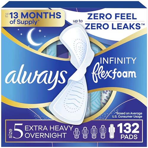 Always Infinity Feminine Pads for Women, Flexfoam Pads with Wings, Size 5, Extra Heavy Overnight Absorbency, Unscented, 132 Count (6 Packs of 22)
