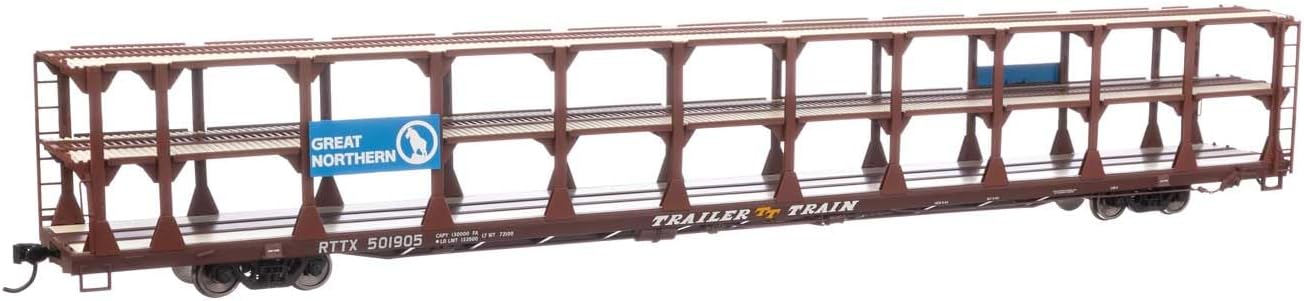 Walthers Mainline 910-8209 HO Scale 89' Flatcar w/Tri-Level Open Auto Rack - Ready to Run - Great Northern Rack Trailer-Train Flatcar RTTX #501905 (Brown)