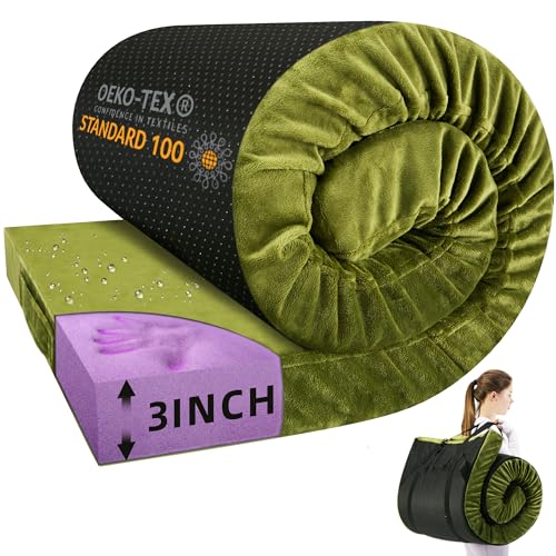 BDEUS Memory Foam Camping Mattress Pad 3inch Cot Size Waterproof Roll Up Bed Sleeping Mat for Adults Portable Roll Up Mattress for Travel Guest Floor Bed Cot Mattress Pad for Car, Tent (Green, Single) by BDEUS - Used condition - US$78.31