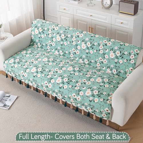Image of HOKIPO Printed Holland Velvet Sofa Cover with Tassels for 3 Seater Sofa | Full Protection for Sofa Seat and Back | 'Whispers of Nature' (160x175 cm), Sage Floral Vine (IN-1127-D8)