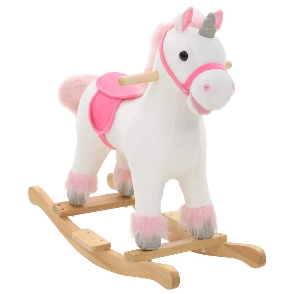 Schaukeltier Einhorn Plüsch Weiß und Rosa mit Holzsockel 65x32x58 cm für Kinder ab 24 Monaten, Schaukelpferd Reittier mit stabilem Metallrahmen und weicher Polsterung