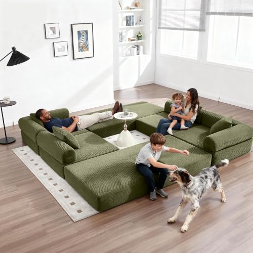 Image of L-Shape Modular Sectional Sofa Bed, Corduroy Boneless Couch, Olive Green