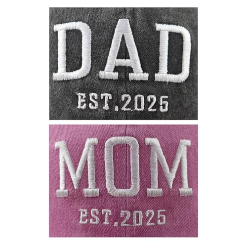 Image of 2PCS Mom and Dad EST 2025 Hat for Women Men, Funny Adjustable Cotton Embroidered New Parents Gifts Baseball Cap