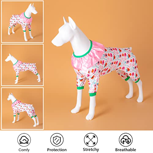 Image of LovinPet Large Dogs Clothes, Large Pajamas, Anti Licking Dog Recovery Suit, Lightweight Fashion Hill Flowers Red, Pink, Green Prints Dog Clothing, UV Protection, Easy Wearing Jumpsuit L