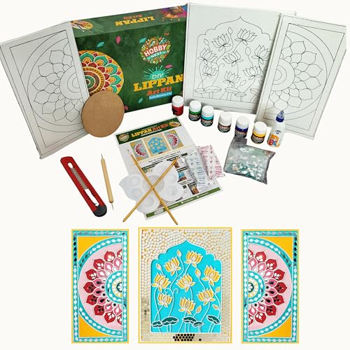 Image of HobbyNest DIY Lippan Art Kit | Mud Mirror Craft Kit for Wall Decor | Art & Craft Hobby Kit for Kids & Adults | Canvas Painting | DIY Lippan Art Painting | Lippan Art (Lotus Mandala Trio)