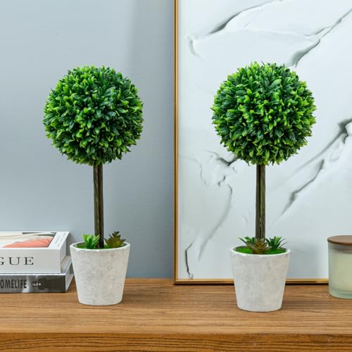 MyGift 15 Inch Artificial Boxwood Topiary Tree - 2 Pack Potted Faux Plant Balls in Gray Pulp Planter, Tabletop Home Décor - Image 4