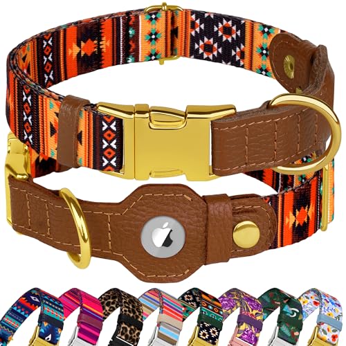 AirTag Dog Collar for Small Medium Large Breed - Adjustable Cute Pattern Dog Collar with Airtag Holder - Soft Leather Tracker GPS Apple Air Tag Pet Collars (Small, 12"-15" Neck Fit, Western)