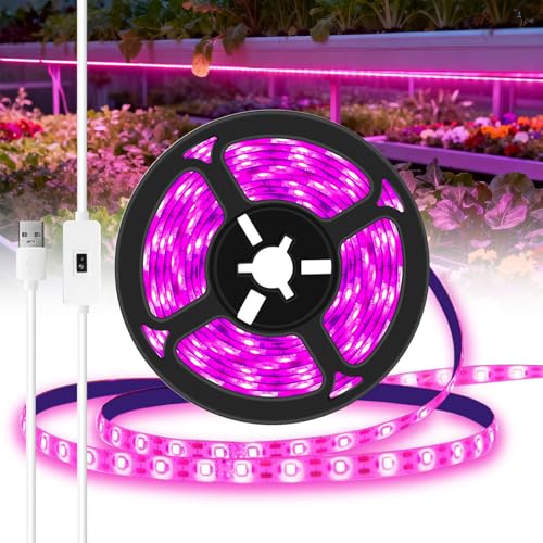 TOTHDATE 5M USB Pflanzenlicht LED Streifen, 300 LEDs Hand Wisch Dimmbar, Selbstklebender Seilstreifen, IP65 Wasserdicht für Zimmerpflanzen