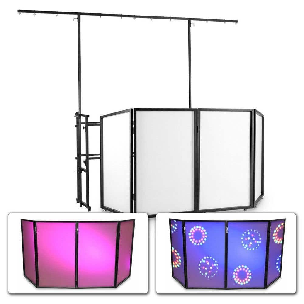 Vonyx DB7 + DB2 – Pack cabina DJ con soporte metálico y pantalla plegable lycra iluminable barra luz ajustable 260cm estructura DJ booth profesional para eventos DJs móviles, color negro blanco