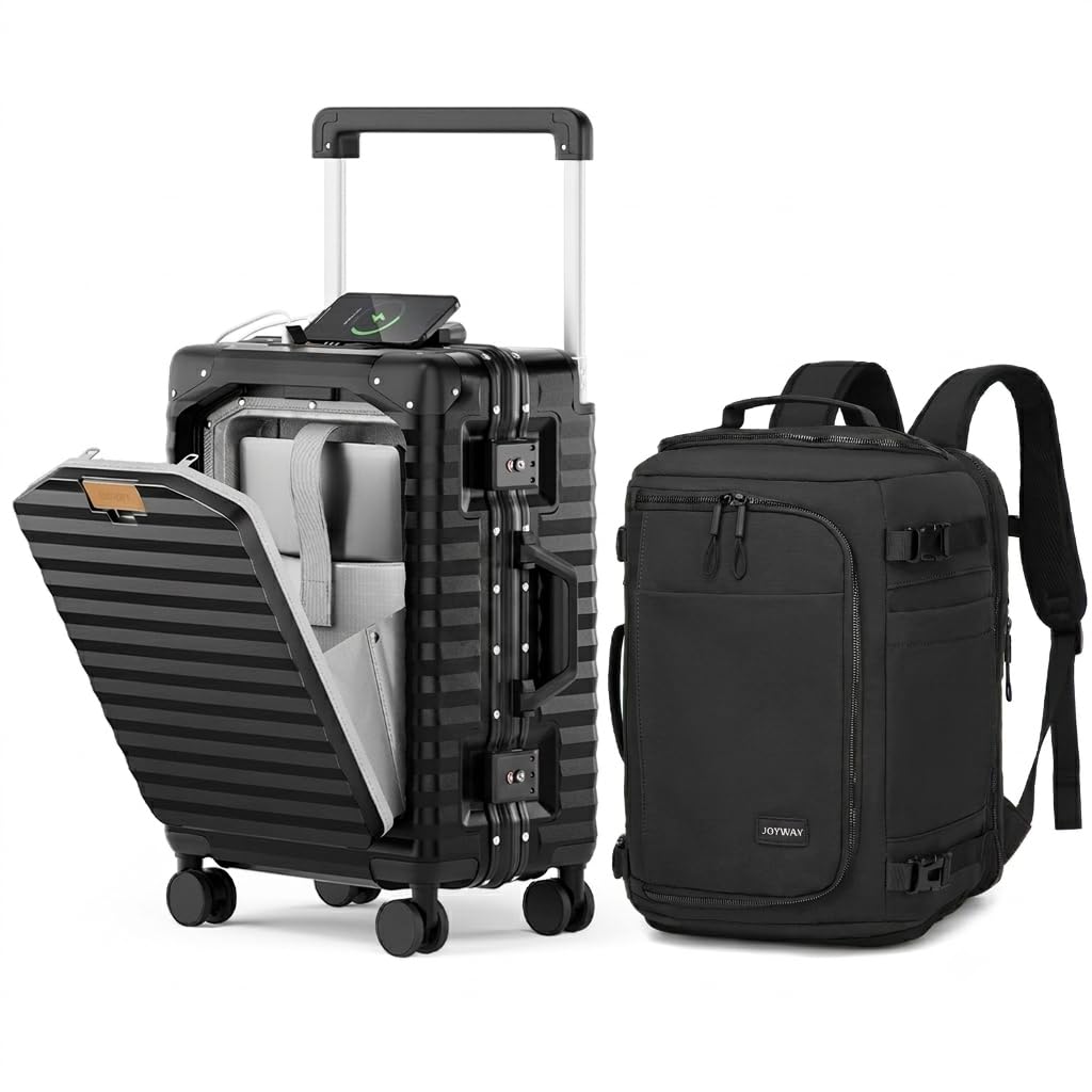 Joyway 20 Inch Carry on Luggage with Aluminium Frame and Front Pocket, PC Hardshell Suitcase with USB Port and Cup Holder, 21.5x14.2x9 Airline Approved, Luggage with Spinner Wheels and TSA Lock