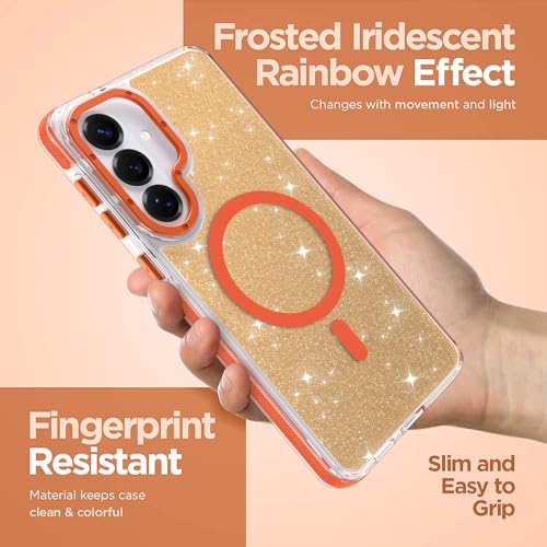 Image of Magnetic Case for Samsung Galaxy S26 Plus [Compatible with Magsafe] [Bling Glitter Fluorescent Design] [1 Screen Protector] Slim Translucent Matte Case for Galaxy S26 Plus 6.7 inch, Orange
