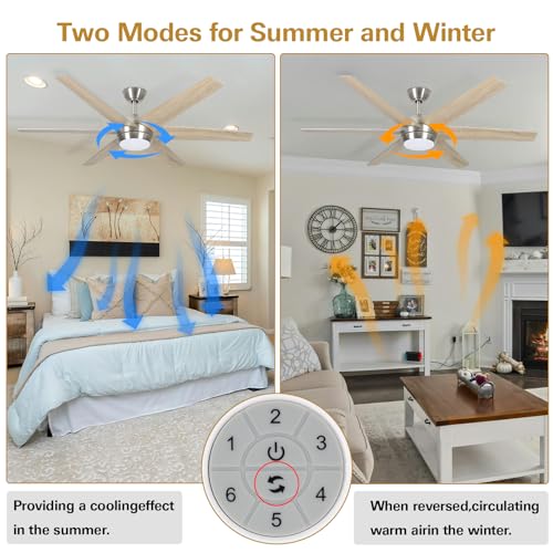 Image of hykolity 54 inch Indoor Modern Ceiling Fan with Integrated LED Lights and Remote Control, 6 Blades, 6 Speed, Dimmable, 3CCT, Quiet Reversible Motor Ceiling Fan, Brushed Nickel
