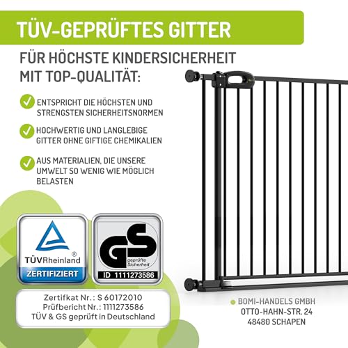 Bomi Treppenschutzgitter Merle Flatstep, Breite 95-103 cm | Türschutzgitter ohne Bohren, stabile Kindersicherung für Kind & Hund, TÜV geprüftes Hundegitter, Türgitter, Treppengitter, Metall Schwarz
