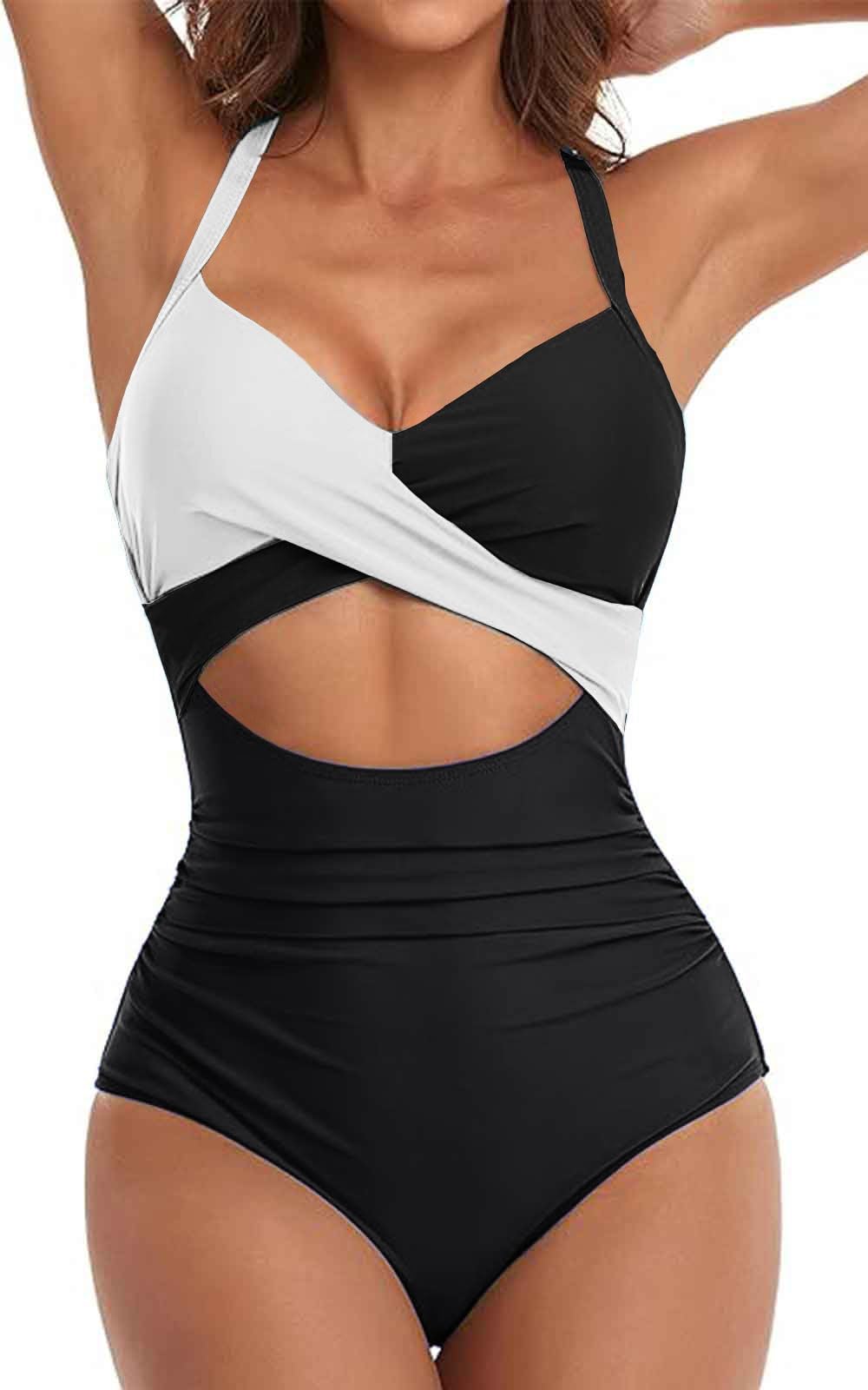 Yutdeng Traje de Baño de Una Pieza Cintura Alta Trajes de Baño Sexy Cuello en V Bañador Mujer Reductor Barriga Monokini Push Up Cruzado Tie Relleno Bañadores Vintage Corte Swimsuit Halter Slim Playa