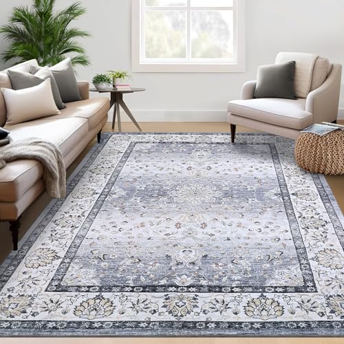 GarveeHome Washable 8 x 10 Area Rug for Living Room, Bedroom, Dining Room & Office - Boho Vintage Floral Distressed Grey Carpet