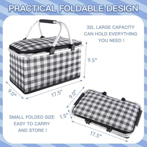 Image of Large Collapsible Picnic Basket with Lid - Foldable Insulated Food Storage Basket for Travelling, Outdoor Camping, Grocery Shopping & Picnic Use