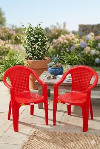 Image of National Plastic Since 1952 Pune Plastic Chair (Pack of 2) - Red | Strong & Durable | Armless | Indoor & Outdoor Use