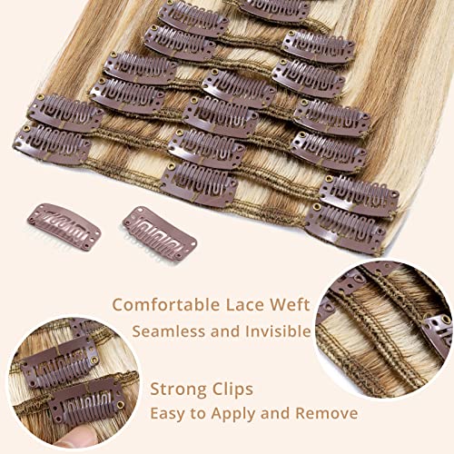 TESS Clip in Hair Extensions Real Human Hair Highlighted Remy Seamless 8 Pieces Straight Short for Women/Girls (#12P613 Golden Brown & Bleach Blonde - Image 3