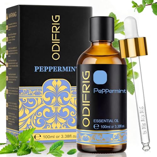 Aceite esencial menta ODIFRIG, 100ml con Gotero, Aceite Esencial de Menta Piperita natural, Adecuado para el cuidado de uñas,Aromaterapia, DIY, SPA