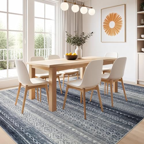 Nakagishi 10x12 Area Rug Living Room: Washable Boho Large Neutral Modern Soft Stain Resistant Farmhouse Indoor Floor Rug Non-Slip Accent Carpet for Bedroom Nursery Kids Playroom Office- Blue