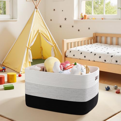 Image of OIAHOMY Large Blanket Basket, 22 inchx17 inchx12 inch Rectangle Woven Baskets, Nursery Blanket Storage Living Room, Toy Storage With Handle, Large Baskets for Organizing-Gradient Black