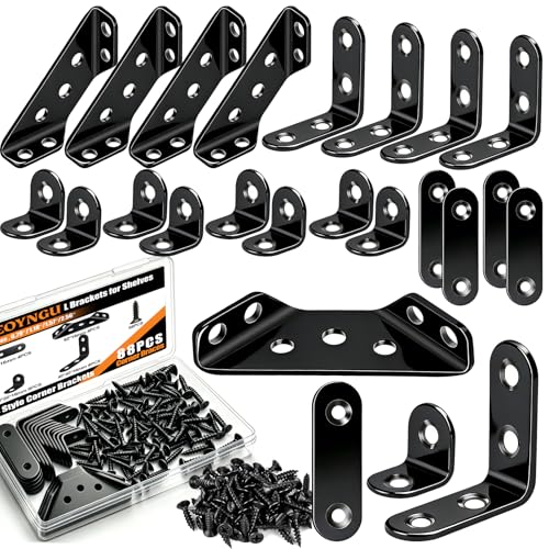 TEOYNGU 88PCS L Brackets for Shelves 4 Sizes Angle Corner Braces Metal L Bracket Heavy Duty for Wood Stainless Steel Furniture Corner Connector Corner Brackets for Wood (0.97 1.55 2.44)