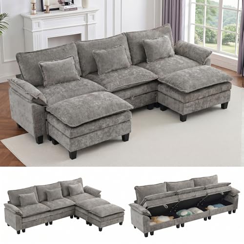 Image of IPKIG 117 inch Modular Cloud Couch with Storage, U Shaped Sectional Sofa with Ottoman & Pillow, Chenille Deep Seat Sectional Couches for Living Room, Apartment, Grey