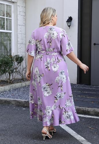 Image of Keluummi Plus Size Maxi Dress for Women V-Neck Floral Empire Waist 3 /4 Sleeve with Pockets