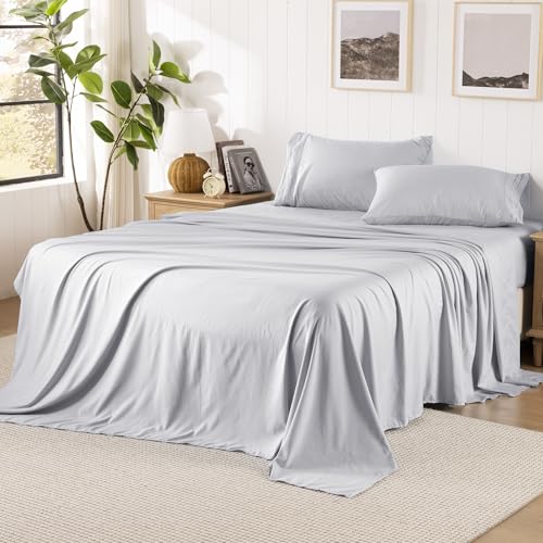 ROSE&RISY Light Grey Sheets Queen Sheet Set Pre-Washed Cotton-Like Brushed Microfiber 4 Pcs Super Soft Breathable Cooling Bed Sets Includes 1 Fitted 1 Flat 2 Pillowcases (Light Grey Queen)