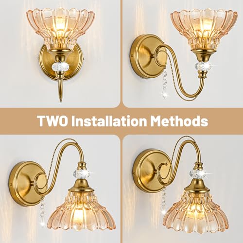 Image of 1 Piece Vintage Wall Sconce, 1-Light Brushed Gold Finish Wall Sconce with Hanging Crystal Accents and Flower-Shaped Amber Shades for Bathroom Bedroom Living Room,Vintage Vanity Light